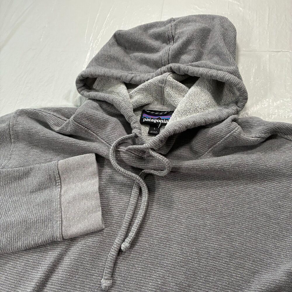 Patagonia Trail Harbor Hoodie Mens L Gray Stripe Hemp Organic Cotton Kangaroo